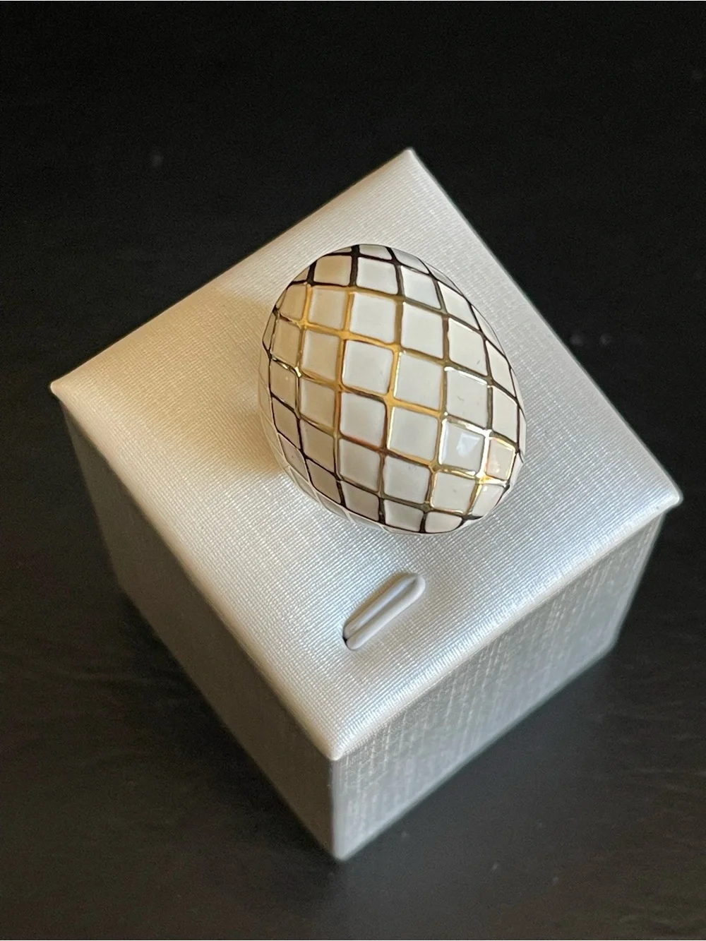 White and Gold Enamel Dome Statement Ring .